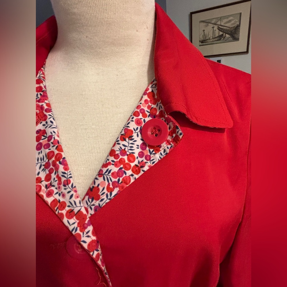 liberty Art Fabric Red Trench Coat with Floral Trim. Size M - Picture 2 of 10
